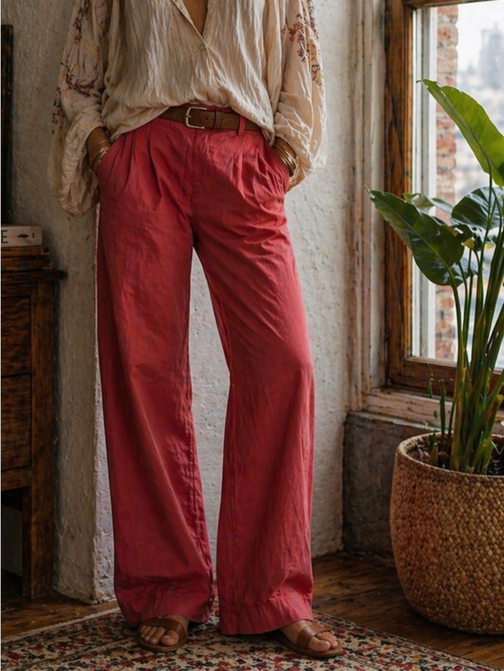 Free People Brick Red Pleated Trousers in Nice Crisp Summer Fabric
